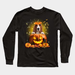 Basset Hound Spooky Halloween Pumpkin Dog Head Long Sleeve T-Shirt